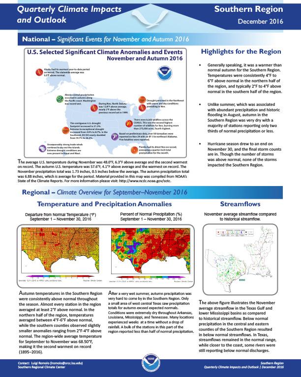 First page of outlook on Quarterly Climate Impacts for the Southern Region, December 2016
