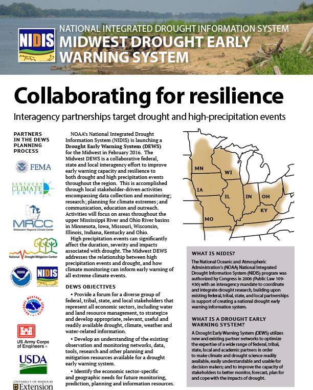 first page of document shows map of Midwest, partner logos: FEMA, Kentucky Climate Center; Midwest Regional Climate Center; National Drought Mitigation Center,; NOAA; NIDIS; National Weather Service; Army Corps of Engineers; USDA; University of Missouri Extension