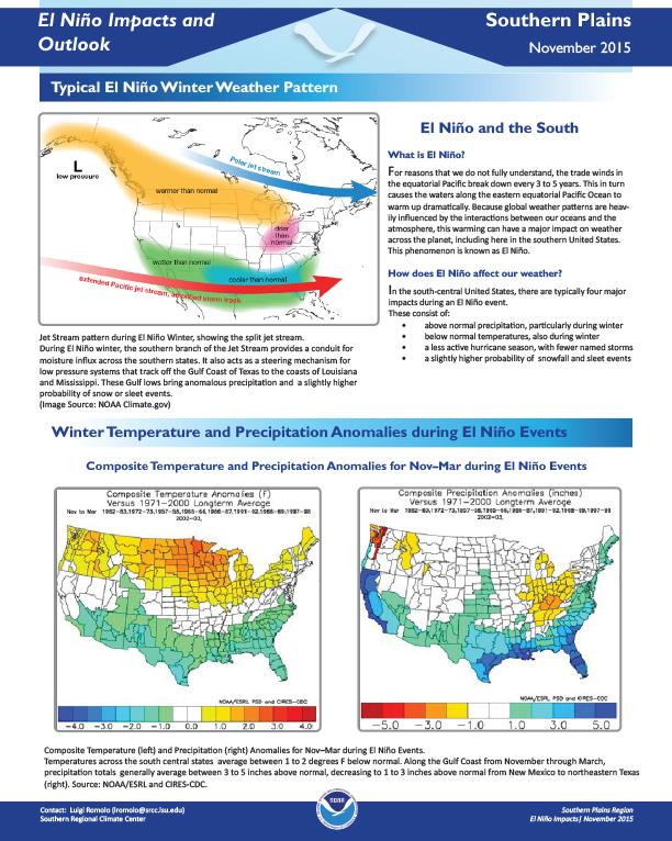 first page of two-page outlook on El Niño Impacts and Outlook in the Southern Plains, November 2015