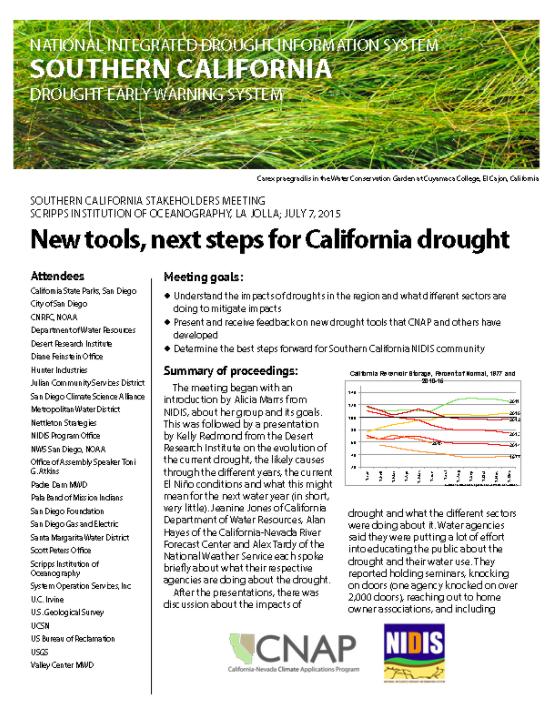 first page of two-pager shows text, attendee list, image of drought resistant grass, reservoir storage graphic. CNAP, NIDIS logos