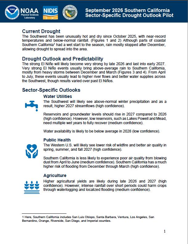First page of the September 2026 Drought Early Warning Outlook, including outlooks for water utilities, public health, and agriculture.
