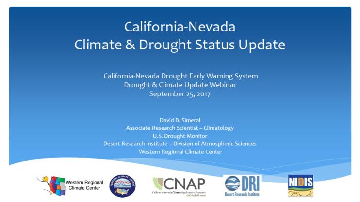 Title slide from presentation on CA-NV webinar conditions update showing title, author names, and logos for Western Regional Climate Center, Regional Climate Centers, CA-NV Climate Applications Program, Desert Research Institute, and NIDIS on a dark blue gradient background