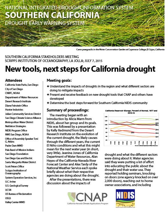 first page of two-pager on Southern California NIDIS Stakeholder Meeting, July 7, 2015