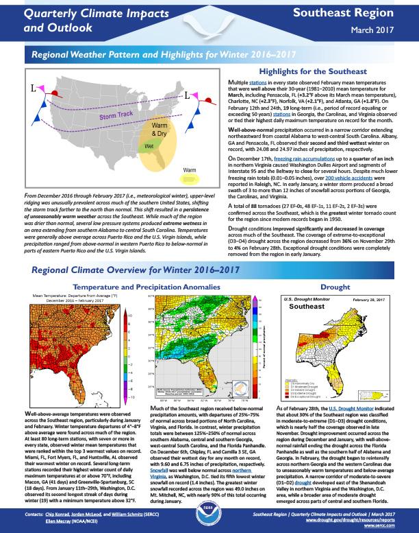 First page of outlook on Quarterly Climate Impacts for the Southeast Region, March 2017