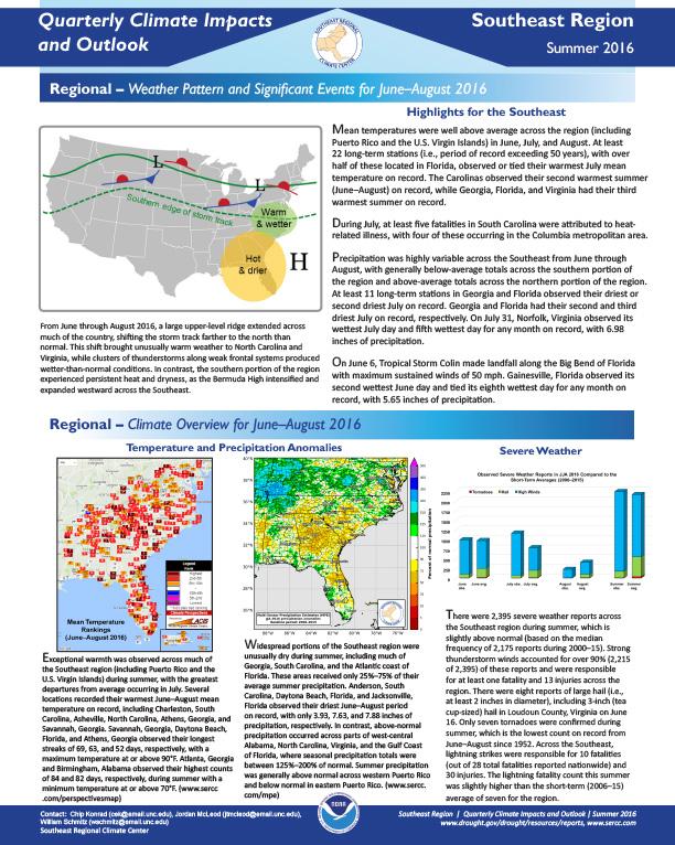 first page of outlook on Quarterly Climate Impacts for the Southeast Region, September 2016