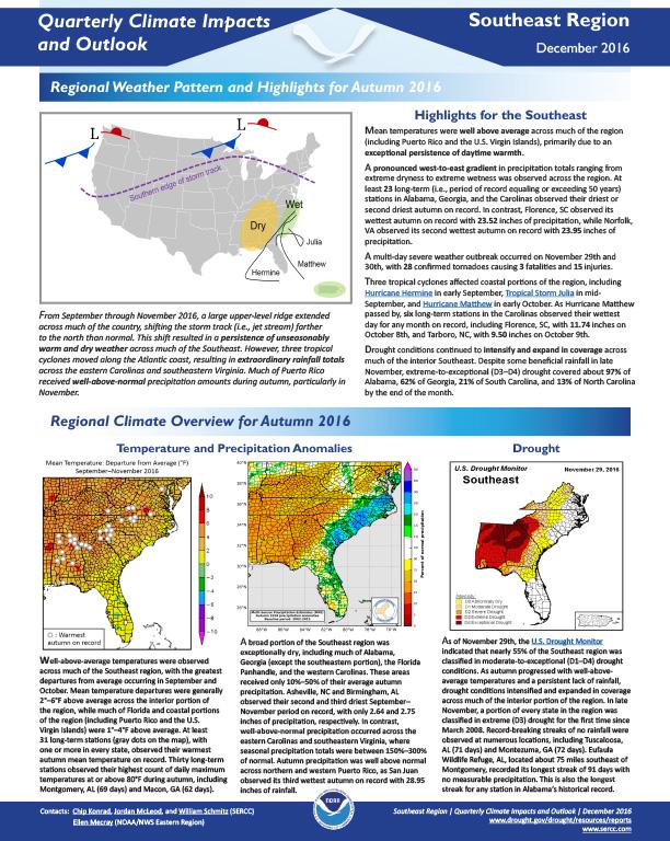 First page of outlook on Quarterly Climate Impacts for the Southeast Region, December 2016