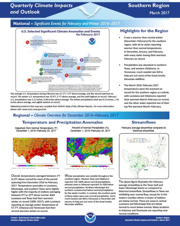 First page of outlook on Quarterly Climate Impacts for the Southern Region, March 2017