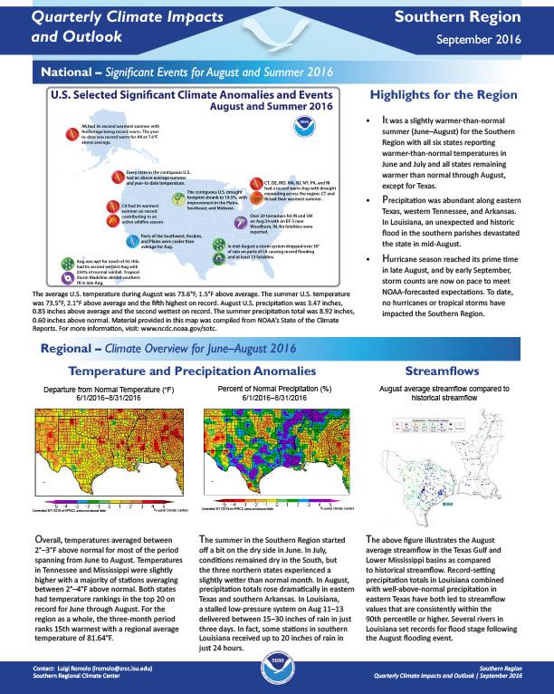 first page of outlook on Quarterly Climate Impacts for the Southern Region, September 2016