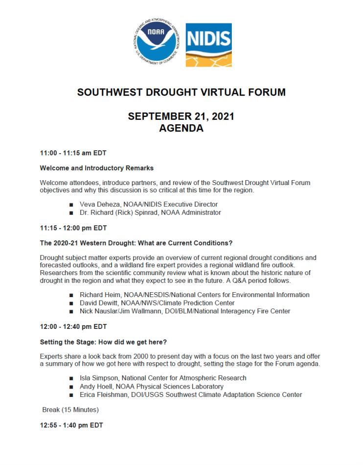 First page of the Southwest Drought Virtual Forum agenda for September 21, 2021