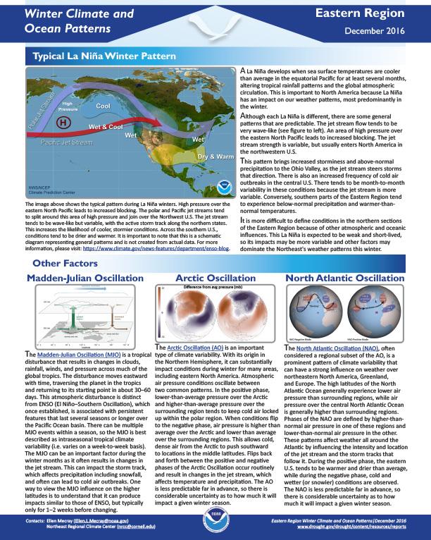 First page of outlook on La Nina, Winter Climate and Ocean Patterns for the Eastern Region, December 2016
