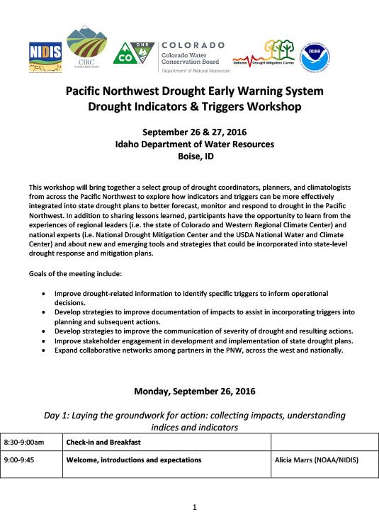 first page of agenda for Pacific Northwest Drought Early Warning System Drought Indicators & Triggers Workshop