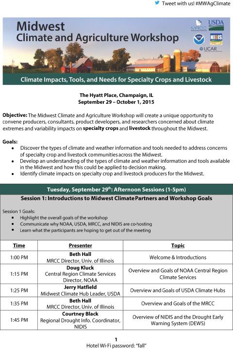 First page of Midwest Climate and Agriculture Workshop agenda showing title text, header image of a farm, and agenda body text