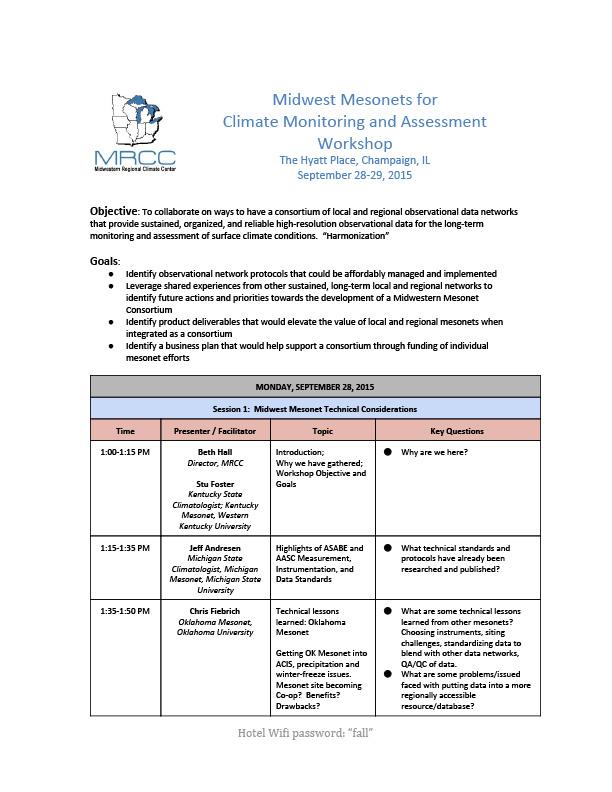 first page of Midwest Mesonets for Climate Monitoring and Assessment Workshop agenda showing title text, the Midwestern Regional Climate Center logo, and body text
