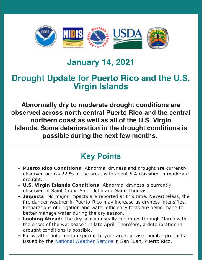 Preview of the drought status update email for the U.S. Virgin Islands and Puerto Rico