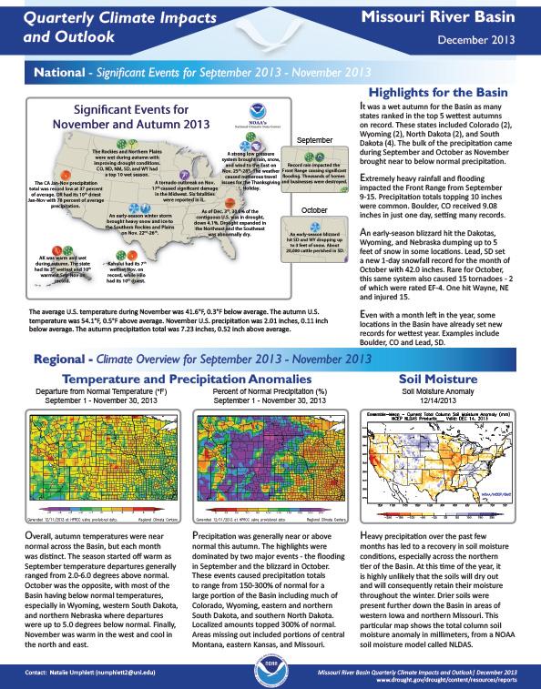 first page of two-page outlook on Quarterly Climate Impacts in Missouri River Basin, Fall 2013
