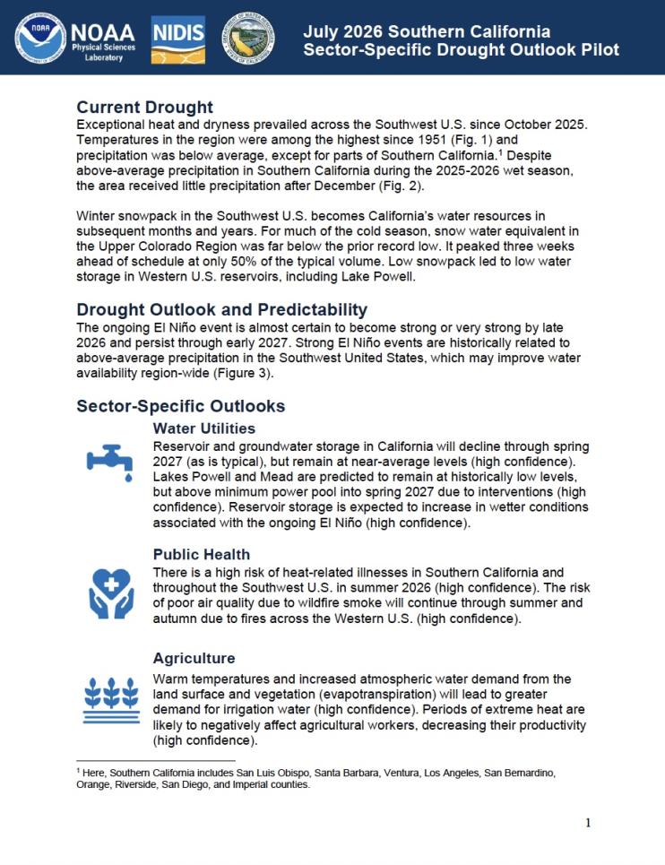 First page of the July 2026 Drought Early Warning Outlook, including outlooks for water utilities, public health, and agriculture.