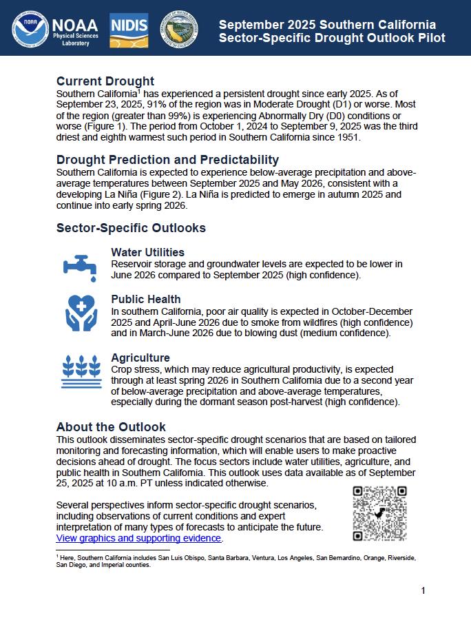 First page of the written Outlook document for Southern California, as part of the Modernizing Drought Early Warning – Southern California Pilot.
