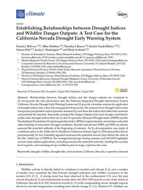 Preview of first page of the journal article, "Establishing Relationships between Drought Indices and Wildfire Danger Outputs"