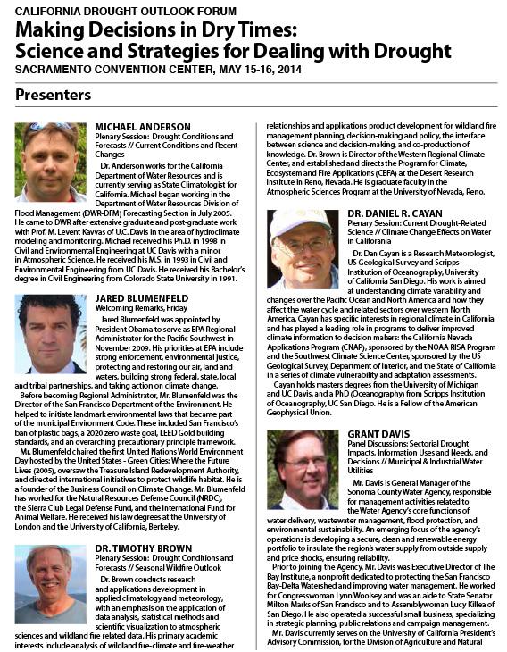 First page of Presenter Bios CA Drought Forum, May 2014 showing title text with presenters profiles and bios