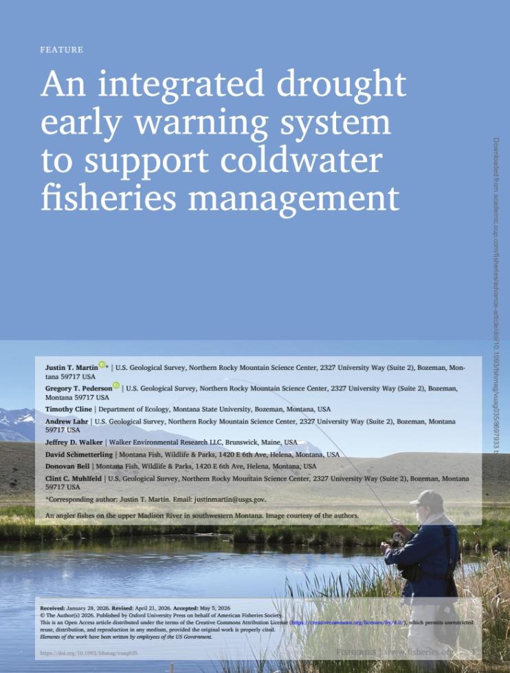 Cover page to the feature article in Fisheries Magazine, An Integrated Drought Early Warning System to Support Coldwater Fisheries Management.