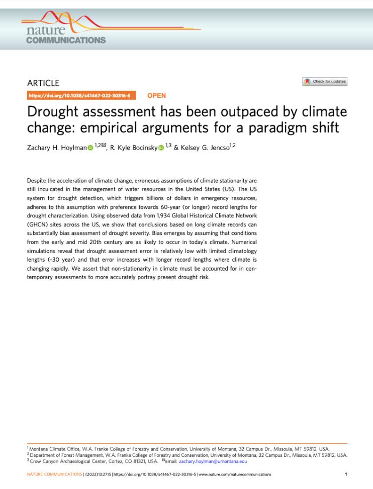 This research study, published in Nature Communications, explored how assumptions of a climate stationarity may bias drought assessment.