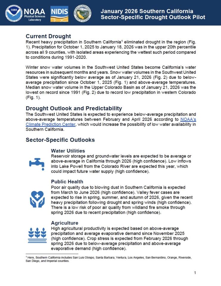First page of the written Outlook document for Southern California, as part of the Modernizing Drought Early Warning – Southern California Pilot.