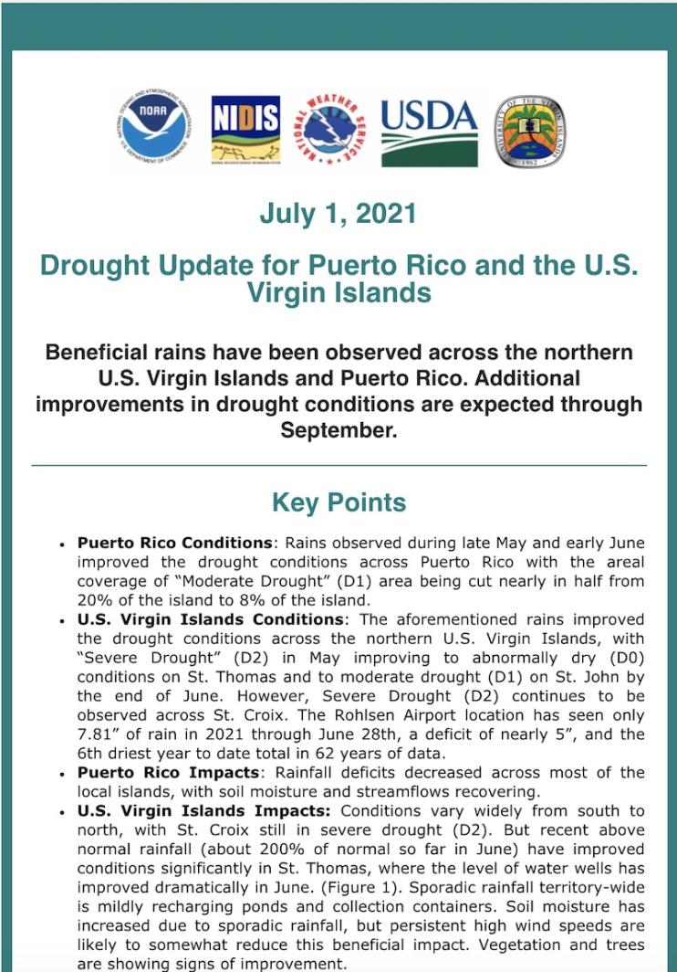 Preview of the July 1 Puerto Rico and U.S. Virgin Islands drought status update email