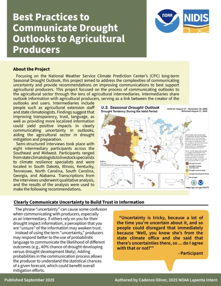 First page of the fact sheet, Best Practices to Communicate Drought Outlooks to Agricultural Producers.