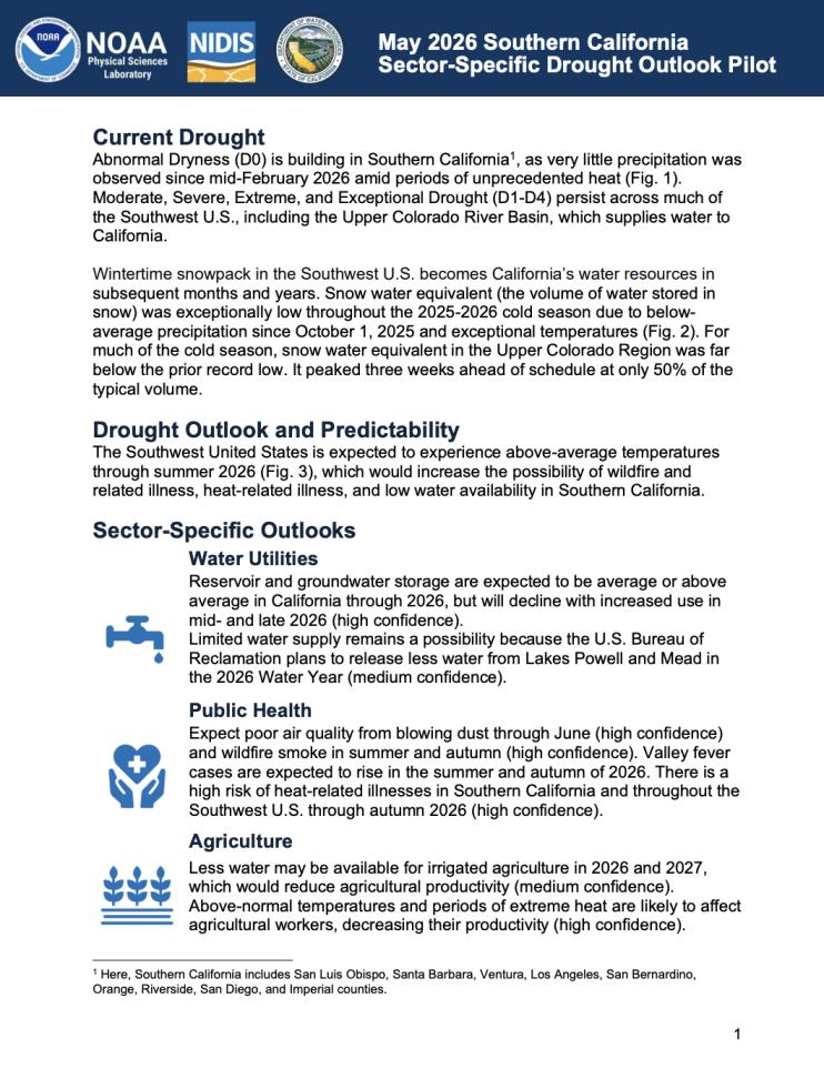 First page of the May 2026 Drought Early Warning Outlook, including outlooks for water utilities, public health, and agriculture.