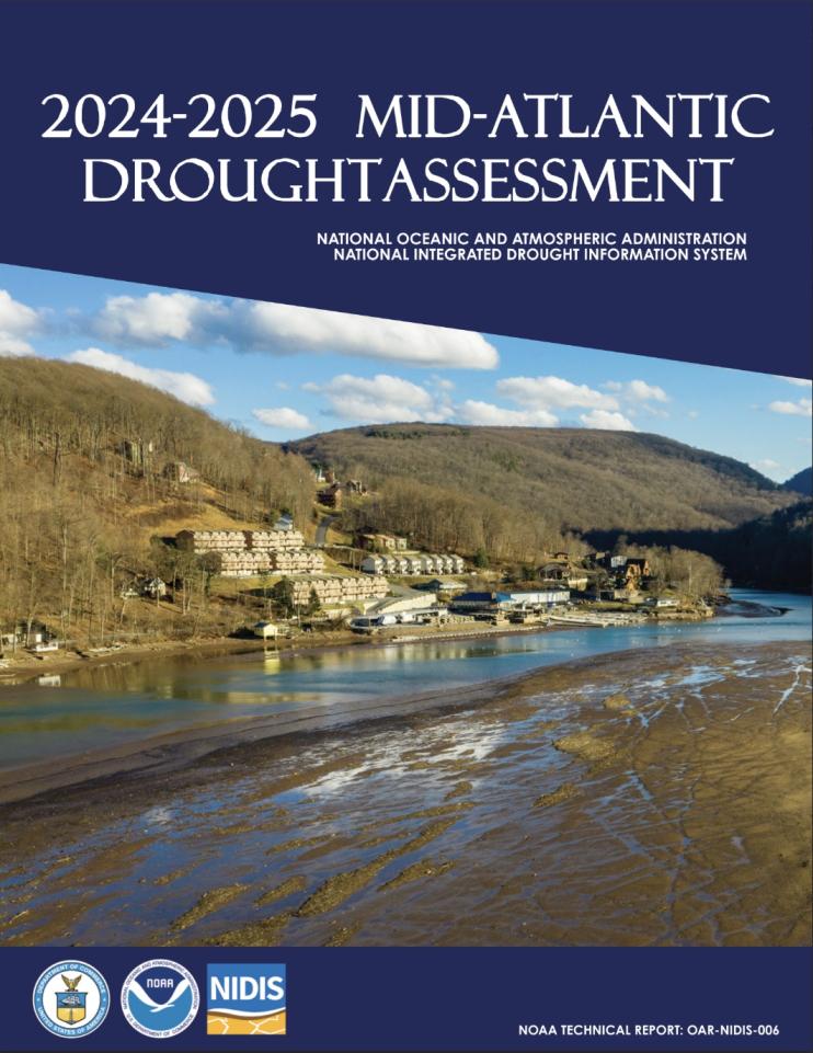 Cover page of the 2024-2025 Mid-Atlantic Drought Assessment, showing a photo of very low water level in Cheat Lake near Morgantown, West Virginia.