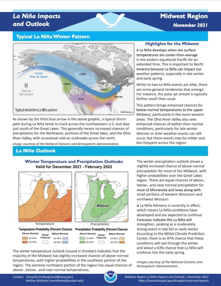 First page of the La Niña Impacts and Outlook for the Midwest Region - November 2021