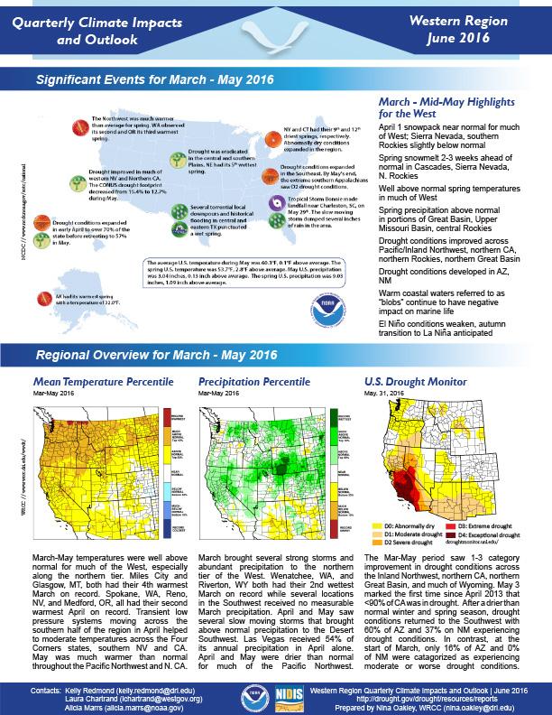 First page of outlook on Quarterly Climate Impacts for the Western Region, June 2016