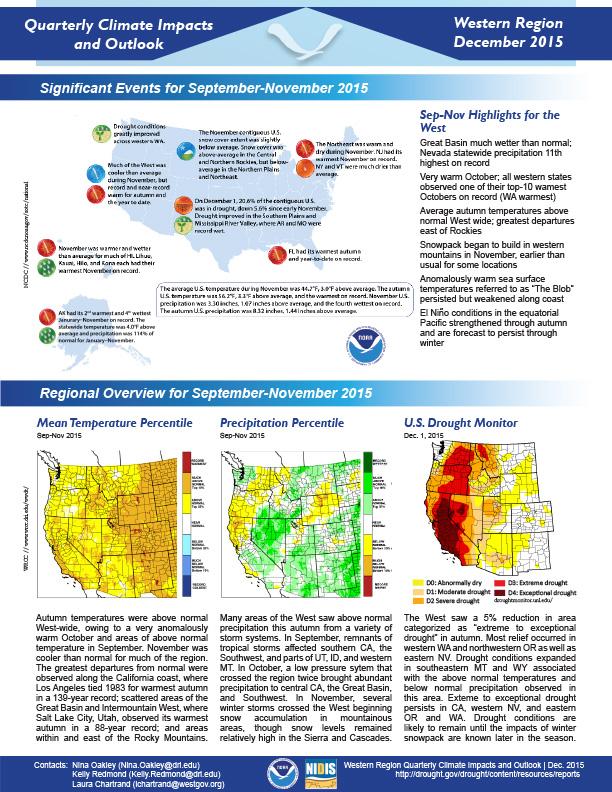 first page of two-page outlook on Quarterly Climate Impacts for the Western Region December 2015