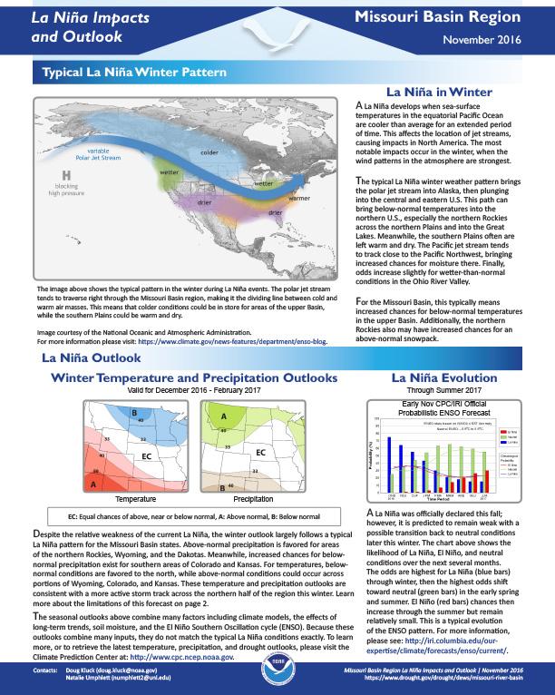 First page of outlook on La Nina Impacts and Outlook - Missouri Basin, November 2016