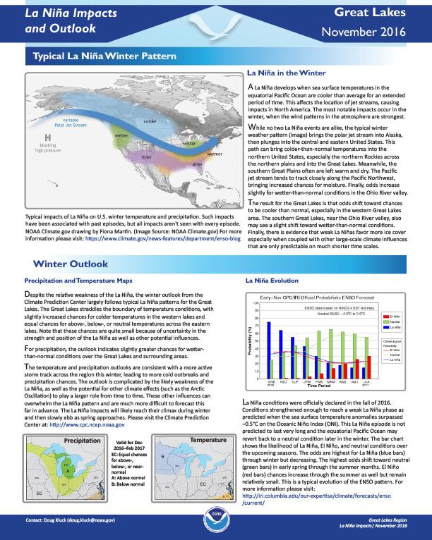 First page of outlook on La Nina Impacts for the Great Lakes, November 2016