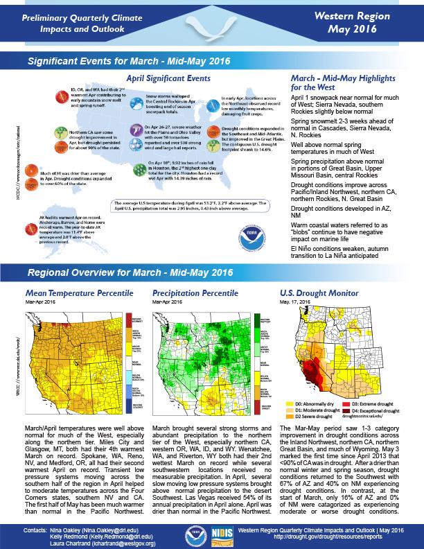 first page of outlook on Preliminary Quarterly Climate Impacts for the Western Region May 2016 showing title, body text, and maps