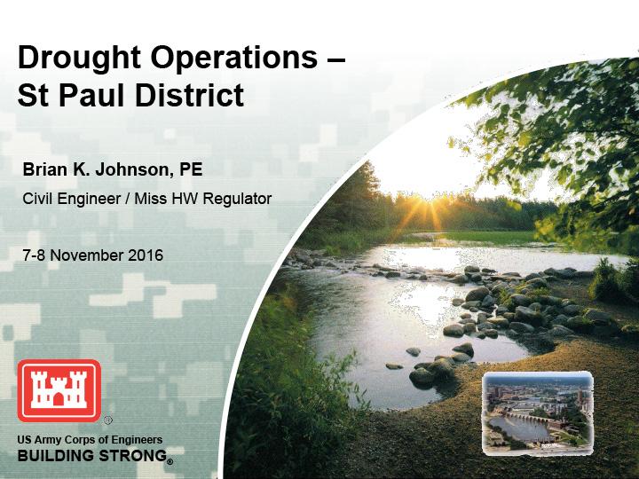 Title slide from presentation on Drought Operations in St. Paul District showing title, author name, and date with a photo of a forest and river as a background