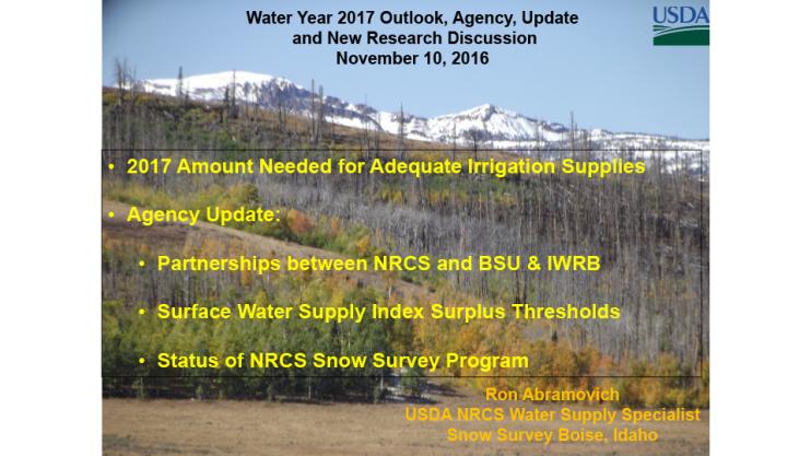 Title slide from presentation on Water Year 2017 Outlook, Agency, Update and New Research Discussion