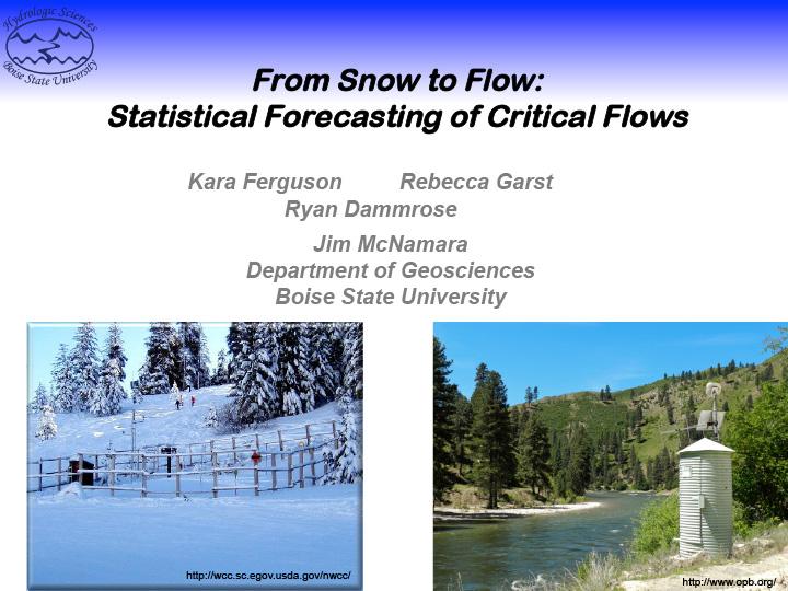 Title slide from presentation on statistical forecasting of critical flows showing title, authors, and images of a forest in the snow and sun respectively