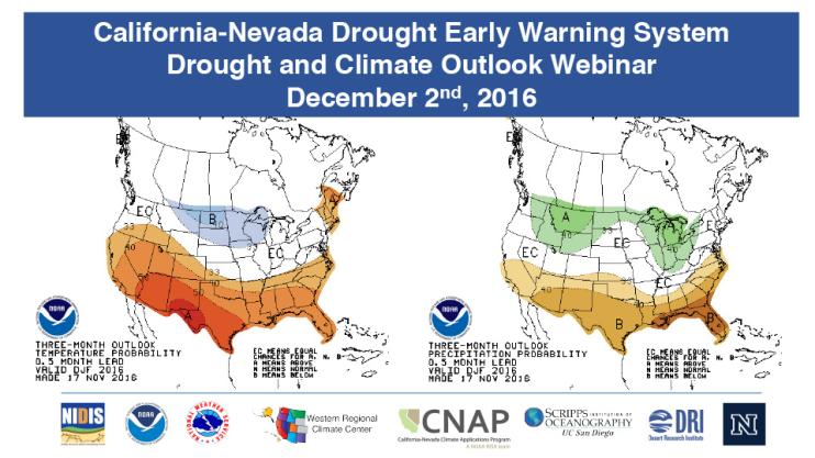 Title slide from presentation on California-Nevada Drought Early Warning System Drought and Climate Outlook Webinar showing the title, date, maps, and NIDIS, NOAA, National Weather Service, Western Regional Climate Center, California-Nevada Climate Applications Program, Scripps Institution of Oceanography, and Desert Research Institute logos