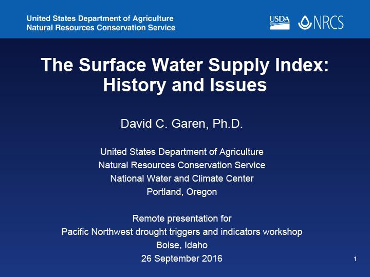 Opening slide for presentation on surface water supply index showing title, author names, and USDA and NRCS logos on blue backdrop