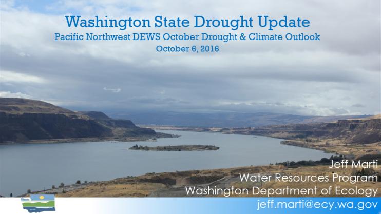 Title slide from presentation on Washington State Drought Update showing title, date, and author name with a backdrop of a river