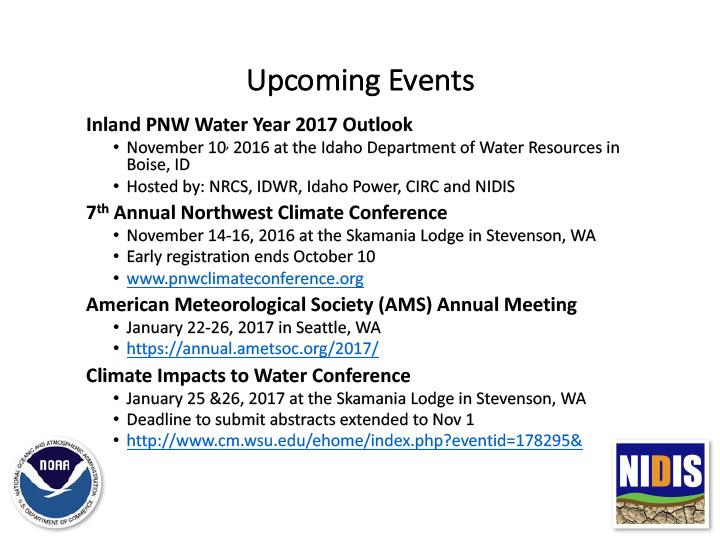Opening slide for presentation on upcoming events and contact information showing title, body text, and NOAA and NIDIS logos