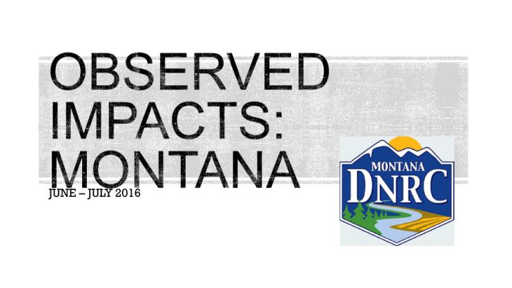 Title slide from presentation on Observed Impacts: Montana June-July 2016 showing title, date, and Montana DNRC logo