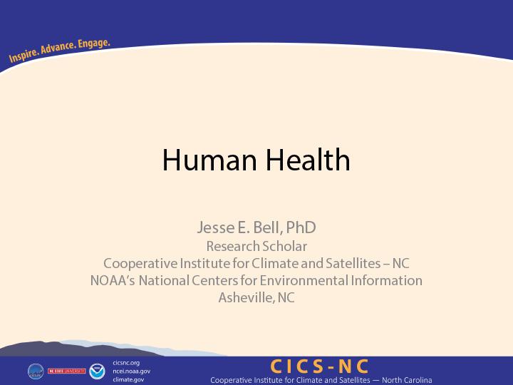 Title slide from presentation on Soil Moisture and Human Health showing title, author name, and North Carolina State University and NOAA logos