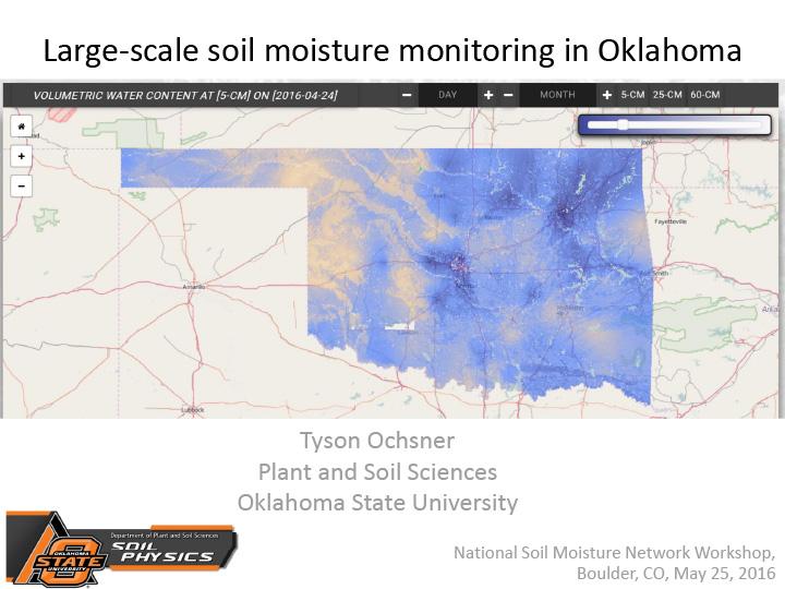 Title slide from presentation on Large-scale soil moisture monitoring in Oklahoma showing title, map of Oklahoma, author name, and Oklahoma State University logo