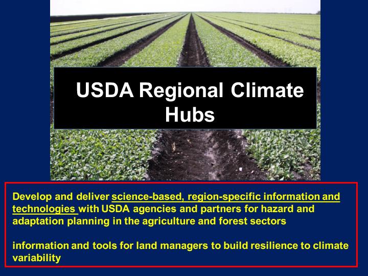 Title slide from presentation on USDA Regional Climate Hubs showing title with a backdrop image of a farm field