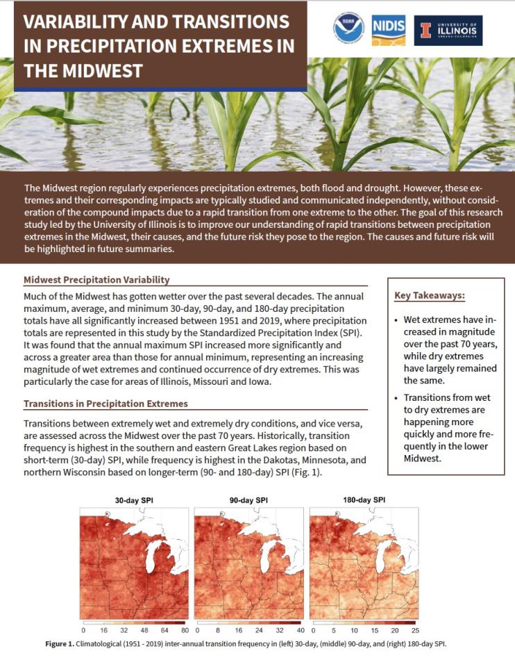 First page of the fact sheet, Variability and Transitions in Precipitation Extremes in the Midwest