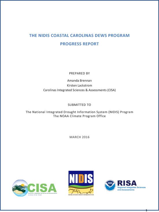 title page for the progress report on the NIDIS Coastal Carolinas DEWS Program