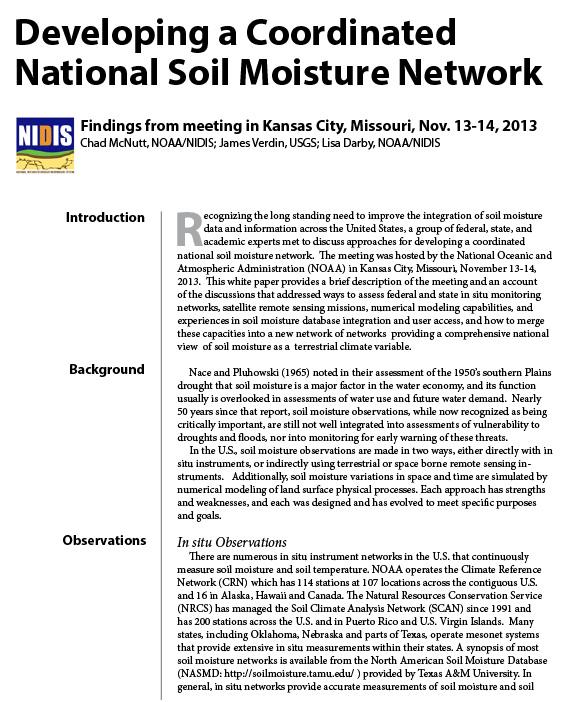 First page of report on developing a coordinated national soil moisture network